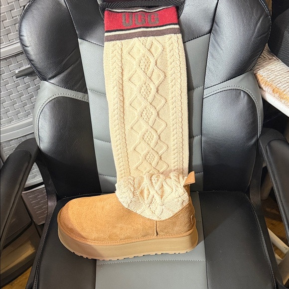 UGG Shoes - UGG Tan Suede Boots with Cream Knit Upper